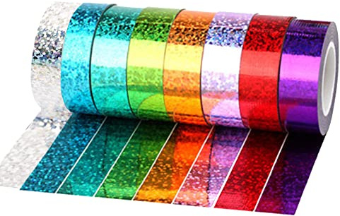 8 rullar holografisk dekorativ tejp med paljetter washi maskeringstejp washi tejp självhäftande tejp DIY maskeringstejp 15 mm x 5 m för DIY hantverk och gåva