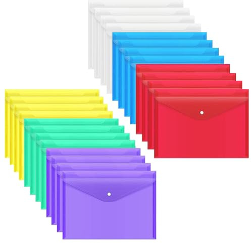 24 Pezzi Cartellina Portadocumenti A4 Colore Cartelline Trasparenti Plastica Cartelline Portadocumenti Buste con Bottone per l'archiviazione e l'organizzazione