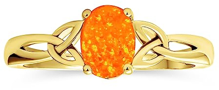Schwesternschafts Schwestern Bff Keltischer Liebesknoten Ovaler Edelstein Orange Blau Weiß Erstellter Opal Versprechen Triquetra Claddagh Ring Für Frauen 14K Gold Gelb .925 Sterlingsilber Anpassbar