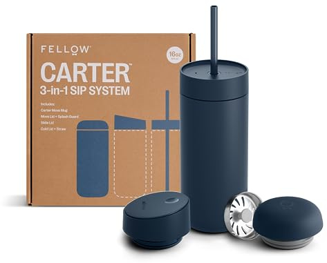 Fellow Carter 3-in-1 Insulated Coffee Travel Mug 16 oz, Ceramic Lined | Reusable Thermal Coffee Cup, Stainless Steel, Leakproof, Hot 12h Cold 24h, Tumbler with Straw and Lid, Slide and Move Lids
