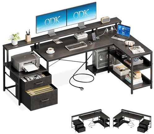 ODK Escritorio con Cajones, 172.5×100cm Escritorio Esquinero Reversible Grande con Estanteria, Mesa Gaming Escritorio en L con Puerto USB y Toma de Corriente para la Oficina en Casa, Negro