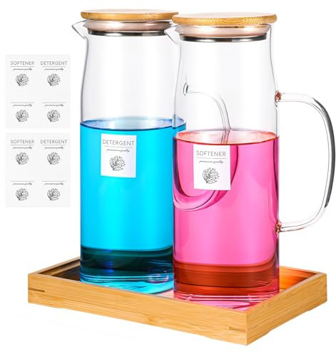 Glas-Waschmittelspender-Set mit Tablett und Etiketten, nachfüllbare Behälter für Waschküche, Organisation und Waschmittelaufbewahrung, ideal für Pulver und Flüssigwaschmittel (Bambusdeckel)