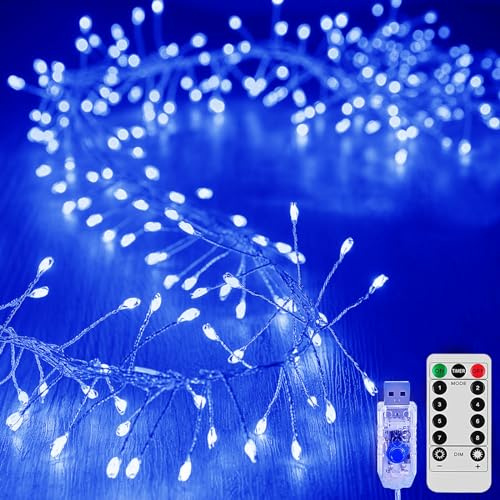 KINGCOO Feuerwerk Lichterkette Außen Innen, 3M 100LED USB Kupferdraht Cluster Lichter 8Modi mit Fernbedienung Timer für DIY Schlafzimmer Weihnachten Hochzeit Party Décor (Blau)