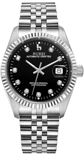 BUREI 38mm Automatik Uhr Herren Luxus Diamant Armbanduhr für Männer Mit Saphirglas Datumskalender (Schwarzes-Black)