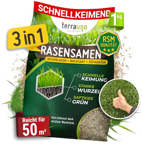Terrauno - Rasensamen schnellkeimend I Nachsaat Rasen I Extrem hohe Keimrate I 1 kg für 50 m² I Rasensamen trockenresistent zur schnellen Lückenschließung I Rasennachsaat RSM Qualität