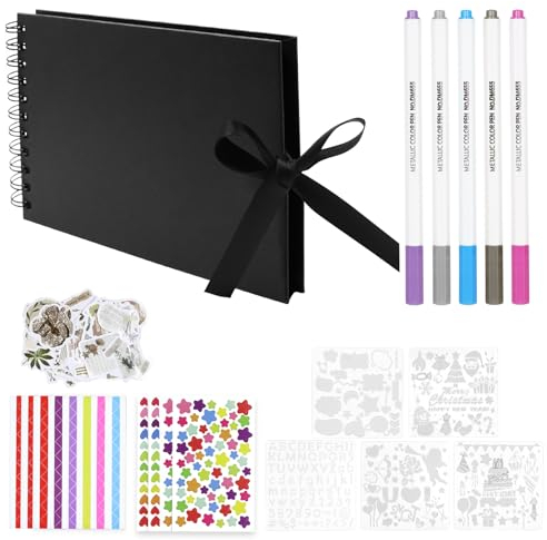 Fotoalbum zum Selbstgestalten, 21.5 x 15cm Scrapbook 60 Seiten / 30 Blatt Fotobuch Fotoalben Fotobuch zum Einkleben Gästebuch DIY Spiralalbum für Familie Valentinstag Geburtstag Jahrestag (Schwarz)