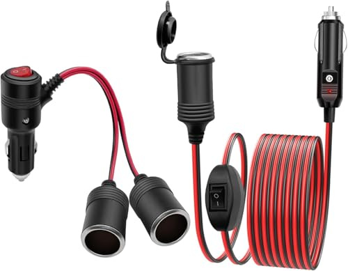 6.5FT/2m Car Cigarette Lighter Socket Extension Cable 17AWG with ON/OFF Switch,1 to 2 Car Cigarette Lighter Splitter Adapter Power Charger Socket Extension Cable 15AWG with LED Switch and 15A Fuse