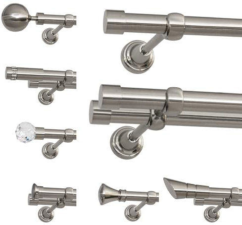 ROLLMAXXX Gardinenstange 160 cm breit - 19 mm Durschmesser - 2-Läufig - Edelstahl Optik - inkl. Wandhalterungen, Endstücken und Montagematerial im Fedora Design