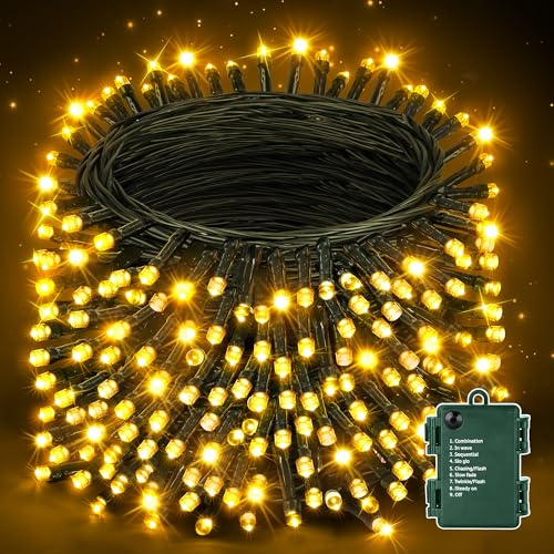 Auriostar Guirlande Lumineuse Pile, 20m 200LEDs Lumineuse Sapin de Noel avec 8 Modes, étanche IP44 Guirlande Lumineuse à Pile Exterieure Intérieur pour Noël, Chambre, Jardin (Fil Vert)