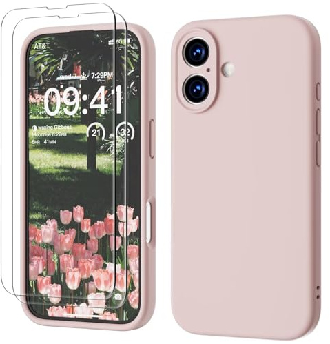 GOODVISH 3 in 1 für iPhone 16 Hülle, mit 2 Stück Schutzfolie Liquid Silikon Hülle [Upgraded Kameraschutz] Soft Mikrofaserfutter Handyhülle Kratzfest stoßfeste Schutz Case für iPhone 16 6.1,Sand Rosa | mit 2 Stück Schutzfolie, Upgraded Kameraschutz Soft Mikrofaserfutter Handyhülle Kratzfest Stoßfeste Schutz Case 6.1