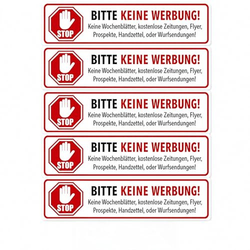 5x Aufkleber BITTE KEINE WERBUNG – 25 x 90 mm – wetterfeste Folie mit Schutzlackierung – selbstklebend, langlebig, UV-beständig – ideal für Briefkasten & Haustür