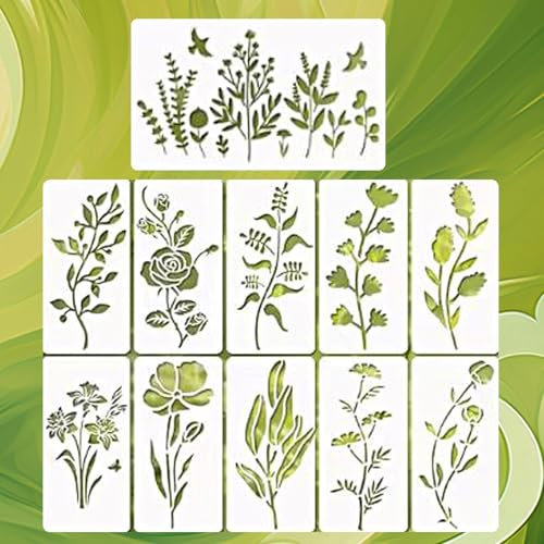 Hebterrka 11 Stück Blatt-Ranken-Schablonen, Wiederverwendbare Frühling Blumen Schablonen für DIY-Bastelprojekte, Malvorlagen für Holz, Wände, Möbel, Leinwand