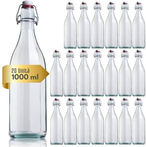 acquaverde | 20 Bottiglie in Vetro Costolata per Acqua - 1 Litro, Bevande e Liquori, Design Vintage, Bottiglia Trasparente con Tappo Meccanico Ermetico Incluso