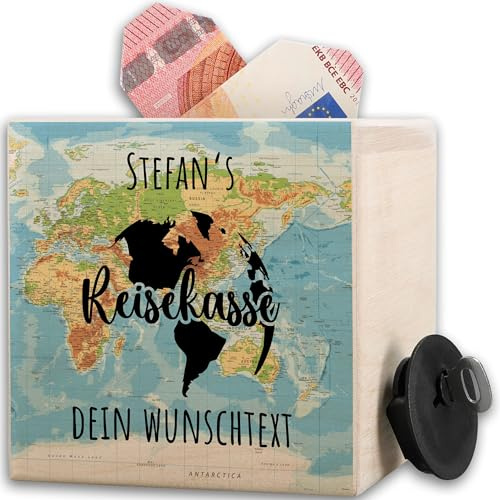 Spardose Holz - Holzspardose Reisekasse mit Name und Wunschtext I Geld Geschenk Urlaub Sparbüchse Reise Geldgeschenk - 10x10cm - Holz - für urlaubskasse personalisierte Reisen spardosen wähltext
