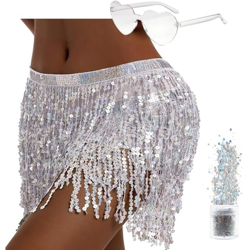 Paileten Glitzerrock, Bauchtanz Hufttuch für Halloween Karneval, Quastenrock Kostüm Damen und Mädchen (DE/NL/SE/PL, Bundweite, S, Regular, Silber)