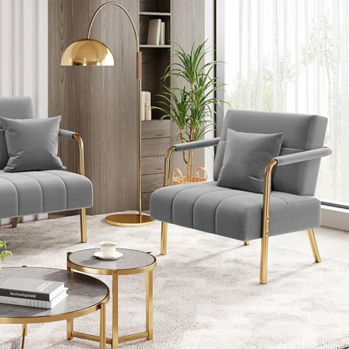 Yaheetech Sessel Samtiger Loungesessel, Polstersessel mit Metallbeinen, Einzelsessel 71,5 cm Breite, Relaxsessel für Wohnzimmer/Heimbüro Hellgrau