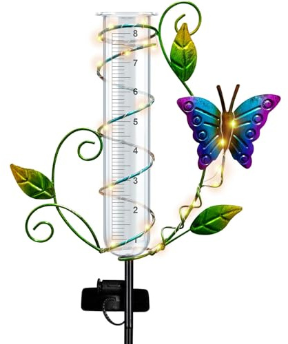 BUARO8AGA Pluviomètre papillon d'extérieur – Jauge de pluie solaire sans fil avec tube de rechange en verre d'une capacité de 20,3 cm, piquets décoratifs en métal avec lumières LED pour cour, pelouse