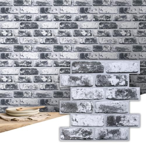 Commomy 3D Faux Brick Peel and Stick Wall Tiles,10 Pcs 11.8 x 11.8 Grey | Lightweight Thin PVC Faux Brick Stone Effect Wallpaper for Kitchen,Living Room,Quick DIY Interior Wall Decor(9.7 sq.ft)