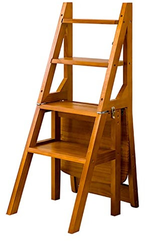 Wooden Folding 4 Step Ladder Chair for Indoor Kitchen and Office Multifunctional Fold Up Library Step Bookshelf Stairway Shelf (Walnut)
