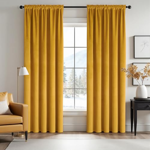 MIULEE 2 Stücke Samtvorhänge Blickdicht Verdunklungsvorhang Stangedurchzug Vorhang Gardinen Samtige Verdunkelungsgardinen Schiebevorhänge für Schlafzimmer Wohnzimmer 140 x 225 cm(B x H) Senfgelb