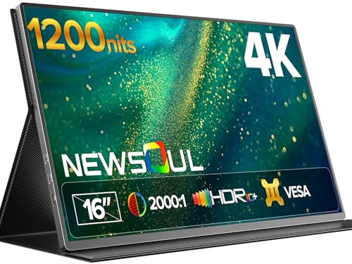 Newsoul 4K Portable Monitor 1200Nits Ultra Bright 16'' Laptop Monitor 2000:1 Contrast Fast IPS Matte Screen with USB-C HDMI VESA, Slim External Screen for Laptop/Phone/Game Console/Office/Travel