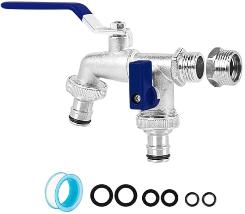Brass Double Garden Tap with Connector, 1/2 Inch Inlet and Two 3/4 Inch Outlet Outside Taps Hose Fitting Garden Kit for Outside Double Outlet Outdoor Brass Tap(Blue)