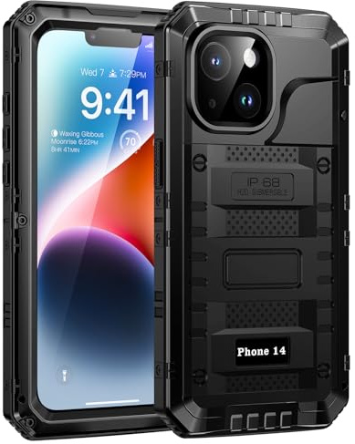 Lanhiem für iPhone 14 Hülle Outdoor Case, IP68 Wasserdicht Metall Panzerhülle mit Displayschutz, 360 Grad Militär Stoßfest Handyhülle für iPhone 14 Schutzhülle, Schwarz