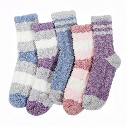 PUTUO Calcetines de Invierno para Mujer en Casa: Calcetines Térmicos Gruesos y Mullidos – Suaves Cálidos y Perfectos como Regalos de Cumpleaños a Rayas 5 Pares 36–42