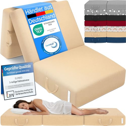 ELONEO Colchón Plegable, colchón para Invitados, colchón Plegable de 3 Piezas, Espuma Extra Gruesa (15 cm), Lavable, Plegable, Adultos (Crema, 75 x 195 x 15 cm)