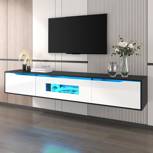 Zepneiy Meuble TV Brillant (180×35×30 cm), avec lumières LED et Ports USB, Meuble TV Moderne à Haute Brillance, Mural/sur Pied, Convient au Salon, Blanc + Noir