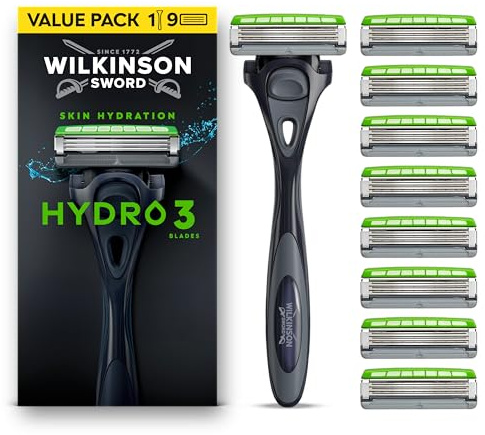 Wilkinson Sword Hydro 3 mäns rakapparat, ekonomipack, 2 glidremsor, karbonbelagda blad, rakhandtag plus 9 reservblad