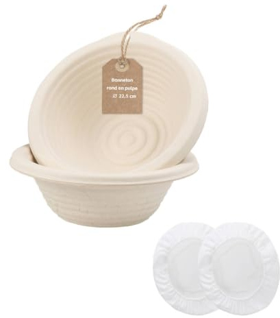2 Paniers de Fermentation en Pulpe 19 cm avec 2 Chemises en Lin Banneton à Pain au Levain