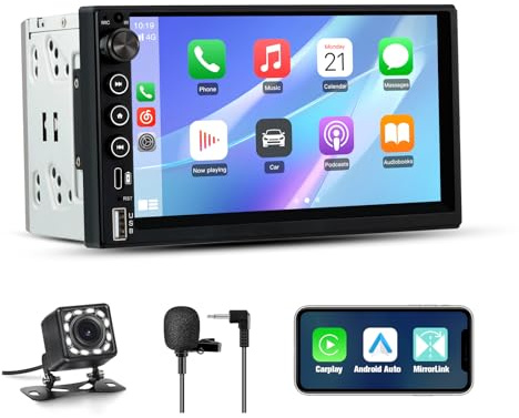 Junsun Autoradio 2 DIN Universel avec Écran Tactile, CarPlay & Android Auto sans Fil, Bluetooth, GPS, FM, USB, Type-C, Commandes au Volant