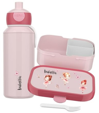 Mepal Set Brotzeitdose & Trinkflasche personalisiert, Brotdose Kinder mit Fächern, Lunch Box & Wasserflasche mit Name, auslaufsicheres Bento Box Set mit buntem Aufdruck Ballerina (pink)