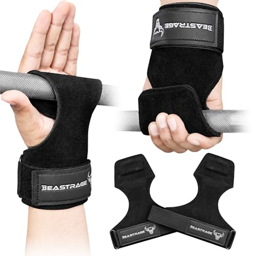 BEAST RAGE Cinghie e ganci per sollevamento pesi - Cinghie per sollevamento pesante da distensione, cinghie in pelle a doppio strato, supporto per polso in neoprene regolabile per palestra