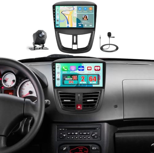 Radio Coche para Peugeot 207 2006-2015 con Wireless CarPlay Android Auto | 9 IPS Android 15 2+64G Radio con FM RDS Bluetooth Navegación GPS Salida de Vídeo Split-Screen SWC USB WIFI Cámara Micrófono