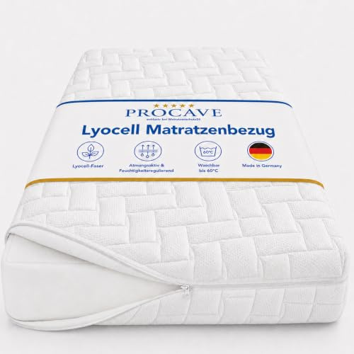PROCAVE Lyocell Matratzenbezug versteppt, mit 4-Seiten Reißverschluss und 4 Handgriffen, 100% aus Deutschland in 180x200 cm für Matratzen-Höhe 25cm