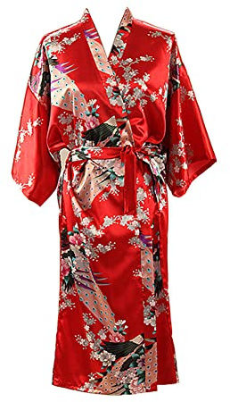 Robe de chambre kimono ample en satin pour femme Taille 36-52, Rouge, 42-44