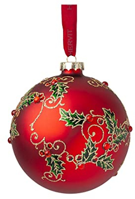 HERVIT Caja de 3 bolas bolas de Navidad para árbol con cristal rojo acebo Ø8 cm