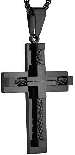 YL Collier croix en acier inoxydable avec Or noir plaqué Jésus pendentif Jésus Christ pour les hommes, Chaîne de boîte ronde 60 CM
