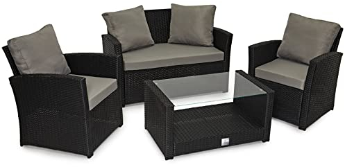 SVITA Roma Polyrattan Lounge Rattan Garten Möbel Set mit Sofa und Sessel Gartenlounge Essgruppe mit Tisch Schwarz