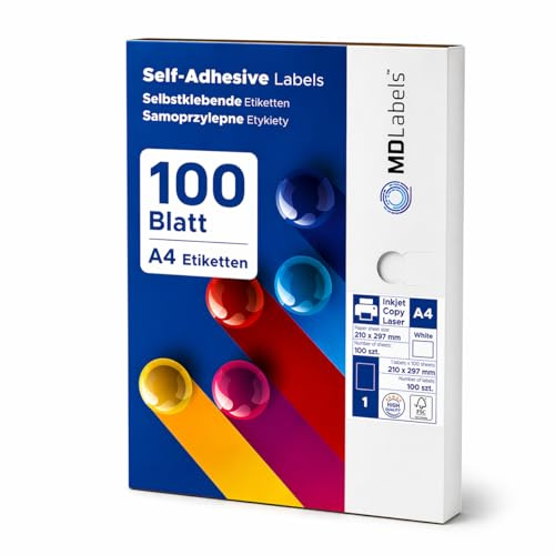 MDlabels Universella etiketter DIN A4 självhäftande etiketter – tryckbara – vit (210 x 297 mm, 100 etiketter)
