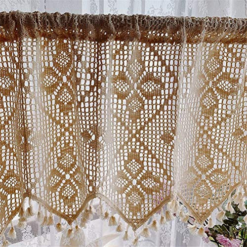 ACMHNC Landhausstil Hohl Stickerei Kurzgardine, Romantisch Vintage Spitze Häkelgardine Scheibengardine Shabby Chic Hohle Häkeln Bistrogardine 1 Stück,Beige,W x H 190x45cm