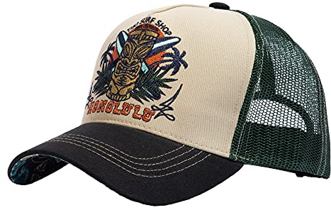 King Kerosin Herren Trucker Cap • Hawaiianischer Tiki Frontpatch • Rockabilly Mesh Cap • Snapback Mütze • Retro Vintage Design • Atmungsaktiv • Verstellbar • Baseball • Honolulu