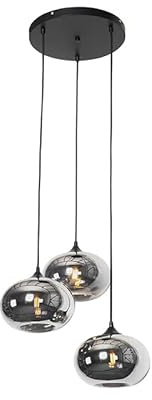 Qazqa Art Deco Pendelleuchte, Pendellampe - Busa - Schwarz mit Rauchglas, Rund, 3-flammig, 45cm, Ideal als Küche lampe, Schlafzimmerlampe und Wohnzimmerlampe