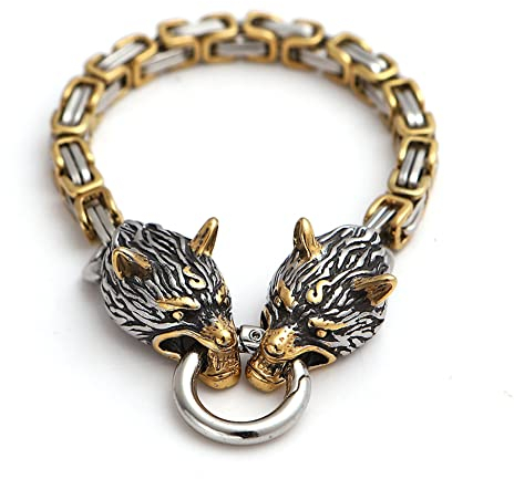 Wolfskopfmanschette für Herren Armband, Odin Wolf - Geri und Freki Rostfreier Stahl Punk-Biker Handgelenkskette Königskette Fenrir Wikinger Amulett Schmuck mit Federringverschluss,White gold,23cm