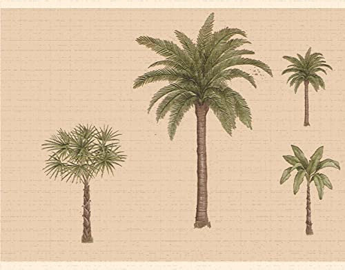 Dundee Deco DDAZBD9325 Peel and Stick Wallpaper Border - Nature Green Brown Palm Trees Wall Border Retro Design, 15 ft x 7 in (4.57m x 17.78cm), Self Adhesive