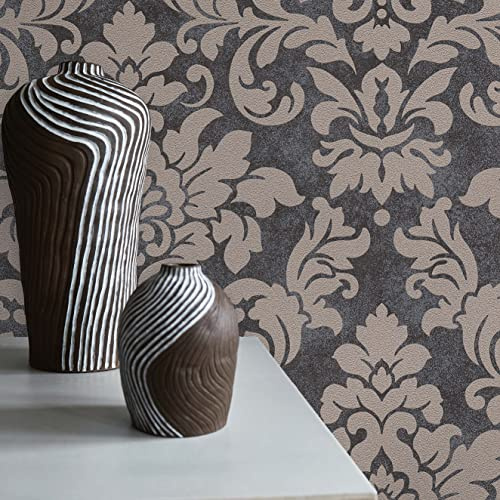 TADESSI Tapet barock Samuel M1-No.330 fibertapet svart silver tapet med ornament vardagsrum sovrum kök non-woven