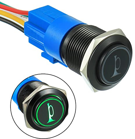 EPLZON 19MM 12V Pulsante momentaneo clacson per auto LED rosso acceso momentaneo altoparlante in metallo interruttore a levetta clacson con presa di corrente (Verde)