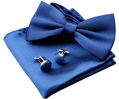 BEIIEB 1 set fluga och näsduk med manschettknappsset med 1 presentförpackning, herrfluga, justerbar fluga, lämplig för bröllopsbankett med kostym, smoking, Marinblå, M